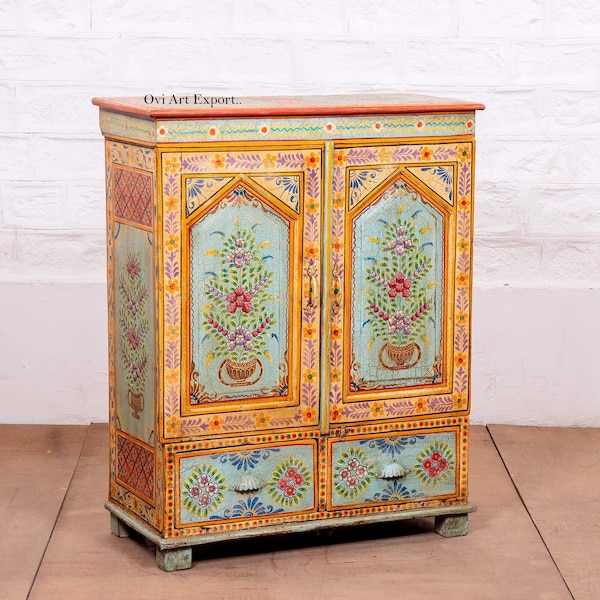 Wooden Hand-Painted Floral Mango Wood Armoire: Indian Bohoo Cabinet