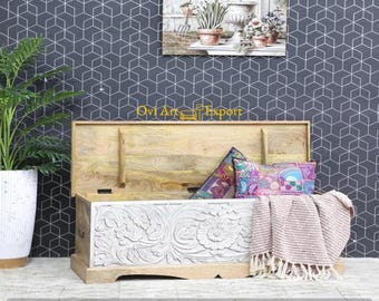 Hand-Carved Mango Wood Blanket Chest | Whitewashed Floral Trunk