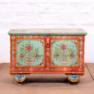Wooden Storage Trunk Chest | Hand-Painted Farmhouse Coffee Table, Elegant Floral Blanket Box with Chess Storage