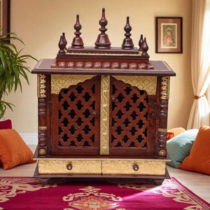 Wooden Temple Modern Beautifully Crafted Puja Mandir In Solid Wood, Pure Brass Accents, Hanging Pooja Home Mandap For Worship Home Decor Art
