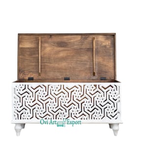 Wooden Carved Floral Blanket Box/White Trunk Box, Living Room Storage Blanket Box, Boohoo Style Living Room Storage Box
