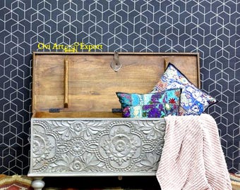 Hand-Carved Mango Wood Hope Chest, Gray Floral Trunk, Boho Blanket Storage