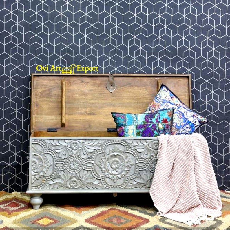 Hand-Carved Mango Wood Hope Chest, Gray Floral Trunk, Boho Blanket Storage image 1