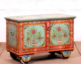 Wooden Hand-Painted Farmhouse Trunk: Wooden Coffee Table Chess Storage| Boho Indian Handmade Furniture