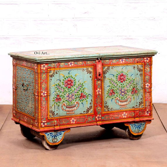 Wooden Hand-Painted Farmhouse Trunk: Wooden Coffee Table Chess Storage| Boho Indian Handmade Furniture