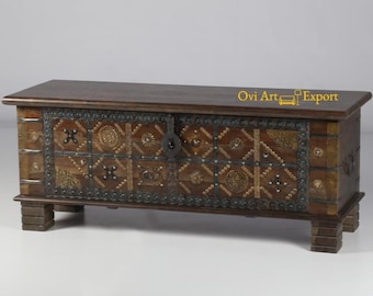 Carved Wood Coffee Table Trunk, Farmhouse Blanket Box