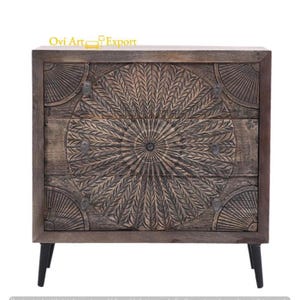 Wooden Chest of Drawers Dresser, 3-Drawer Boohoo Sideboard Cabinet , Solid Mango Wood Cupboard with Tribal Sunburst Design