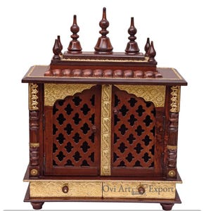 Modern Beautifully Crafted Puja Mandir In Solid Wood,Pure Brass Accents,Wooden Temple, Hanging Pooja Ghar Mandap For Worship Home Decor Art