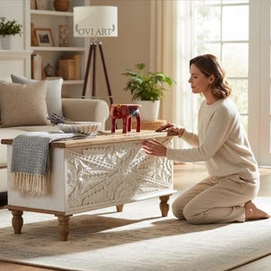 Boîte à couverture en bois sculpté, coffre de rangement blanc vieilli, table basse White