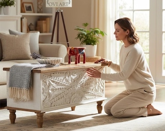Wooden Carved Wood Blanket Box, White Distressed Storage Trunk, Coffee Table