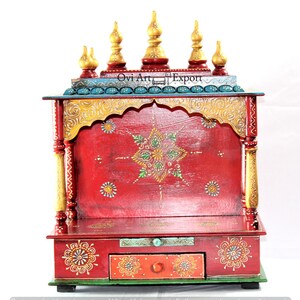 Wooden Puja Mandir In Solid Wood, Painted Accents, Wooden Temple, Hanging Pooja Ghar Mandap For Worship Home Decor Art