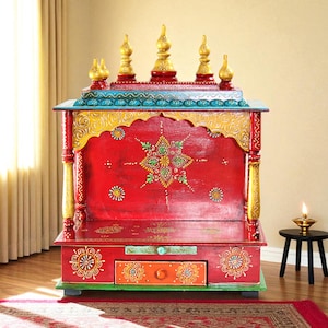 Wooden Puja Mandir In Solid Wood, Painted Accents, Wooden Temple, Hanging Pooja Ghar Mandap For Worship Home Decor Art