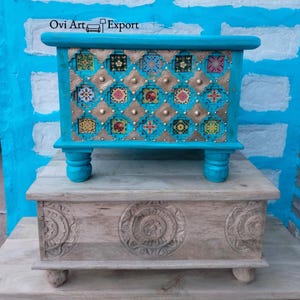 Wooden Carved Brass Fitted Blue  Blanket Box,Trunk Box, Living Room Storage Blanket Box, Trunk For Home