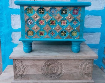 Wooden Carved Blue Blanket Box, Brass Fitted Trunk Box.