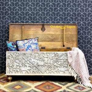 Wooden Hand‑Carved Blanket Chest | Solid Mango Wood Hope Chest, White Floral Trunk, Boohoo Entryway Bench, Farmhouse Storage Coffee Table