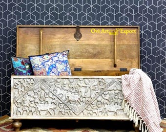 Wooden Hand-Carved Mango Wood Blanket Chest | White Floral Bohoo Trunk Box