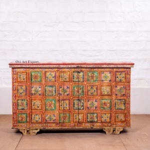 Wooden Hand-Painted Sideboard Trunk Chest | Floral Farmhouse Storage Keepsake Box & Coffee Table Blanket Box, Farmhouse Painted Blanket Box