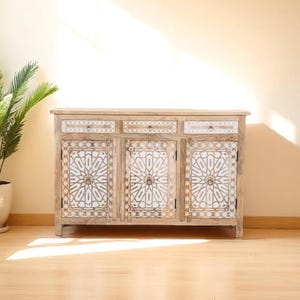 Wooden Sideboard Cabinet with Floral Mandala Carving – Solid Wood Entryway Dresser, Accent Chest & Storage Buffet