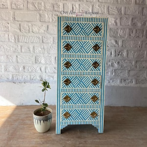Modern Luxury Furniture, Bone Inlay Tallboy Dresser Almirah Blue - Wooden 6-Drawer Chest & Nightstand, Elegant Handmade Furniture