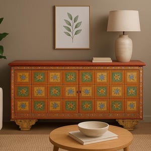 Puede incluir: Un aparador decorativo con tapa roja y paneles ornamentados y coloridos. Los paneles son amarillos con dise&ntilde;os florales en azul, verde y naranja. Una impresi&oacute;n bot&aacute;nica enmarcada y una l&aacute;mpara con pantalla beige encima.