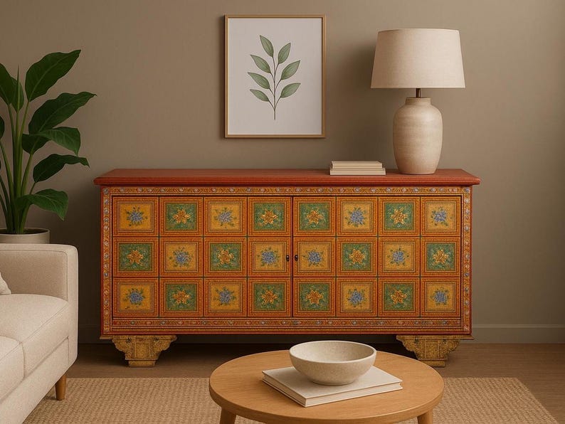 Puede incluir: Un aparador decorativo con tapa roja y paneles ornamentados y coloridos. Los paneles son amarillos con dise&ntilde;os florales en azul, verde y naranja. Una impresi&oacute;n bot&aacute;nica enmarcada y una l&aacute;mpara con pantalla beige encima.