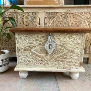 Wooden Carved Blanket Box, Trunk Box, Carved Storage Coffee Table Trunk (White Distress),Living Room Storage Blanket Box, Trunk For Home