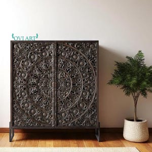 Modern Entryway Dresser, Accent Chest Storage Buffet, Wooden Cupboard, Carved Floral Sideboard, Living Room Cabinet