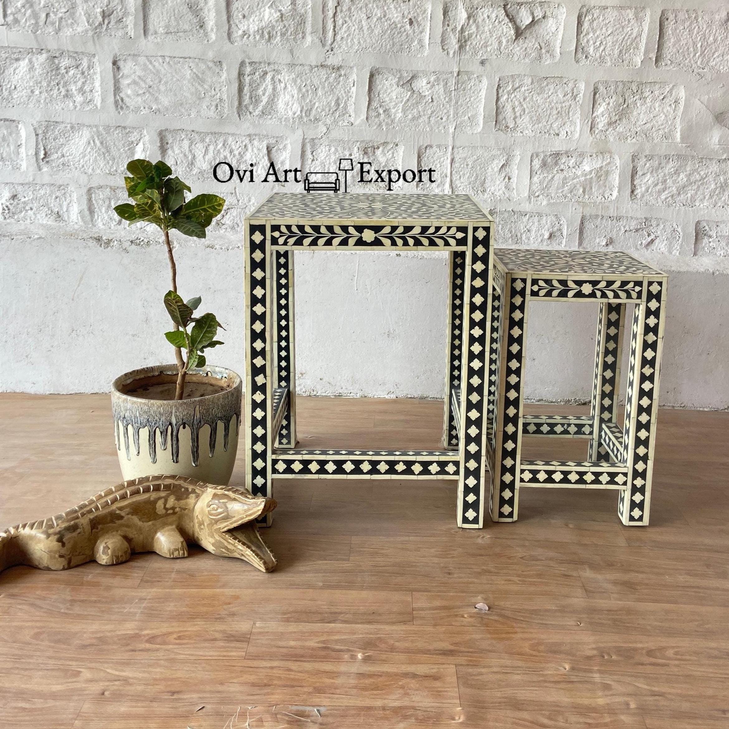 Wooden Bone Inlay Nesting Tables Set of 2,bone Inlay Floral Design ...