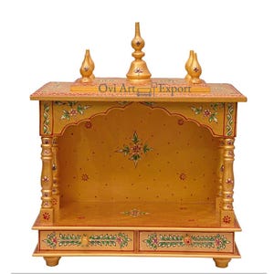 Wooden Crafted Puja Mandir In Solid Wood, Painted Accents, Wooden Temple, Hanging Pooja Ghar Mandap For Worship Home Decor Art