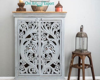 Aparador de madera tallada, mueble indio moderno, buffet de estilo rústico bohemio.