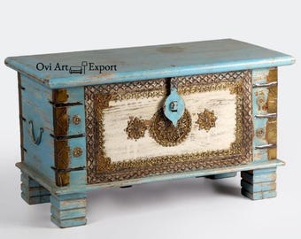 Wooden Storage Trunk, Carved Farmhouse Coffee Table, Blanket Box.