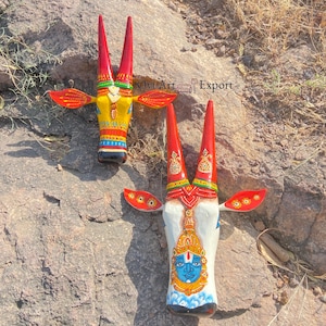 Nandi Head Wall Decor, Hand-Painted Wooden Indian Cow Head Sculpture, Handmade Entryway Art, Traditional Indian Handicraft Gift