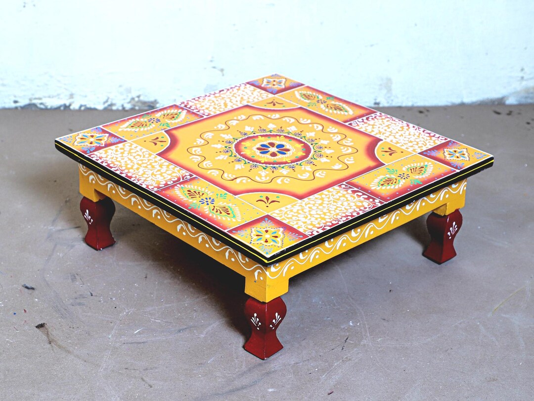Hand Painted Indian Chowki Table: Ethnic Pooja Decor, Boohoo Footstool ...