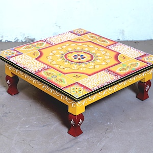 Wooden Handmade Hand Painted Indian Chowki,Traditional Indian Bajot Table,Ethnic Floor Table for Pooja/Decor,Handcrafted Footstool, Chowki