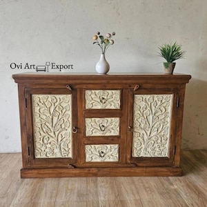 Wooden Carved Floral Leaf French Sideboard, Living Room Bedside/Cabinet,Wooden White Cupboard/Nightstand