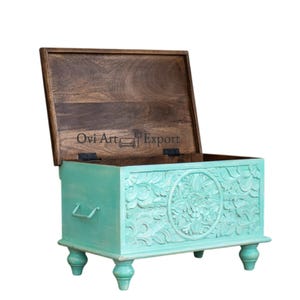 Wooden Carved Floral Blanket Chest,Boho Style Living Room Storage Box, Carved Wood Keepsake Box, Farmhouse Blanket Box