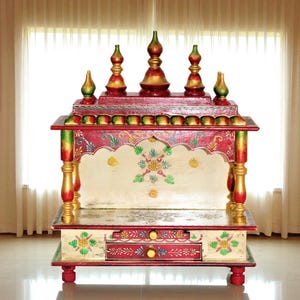 Wooden Temple, Hanging Pooja Ghar Mandap For Worship Home Decor Art, Modern Beautifully Crafted Puja Mandir In Solid Wood,Painted Accents
