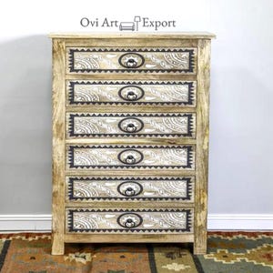 Wooden Hand-Carved Dresser with 6 Drawers, Boohoo Chic Chest of Drawers, New Style Storage Cabinet, Rustic Bedroom Almirah Furniture