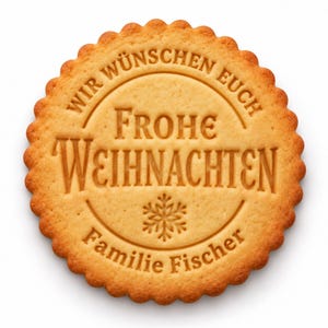 Op de afbeelding: Een ronde, goudbruine koek met een geschulpte rand, voorzien van de in reliëf aangebrachte Duitse tekst WIR WÜNSCHEN EUCH FROHE WEIHNACHTEN, een klein sneeuwvlokpictogram in het midden en de naam Familie Fischer onderaan het oppervlak.