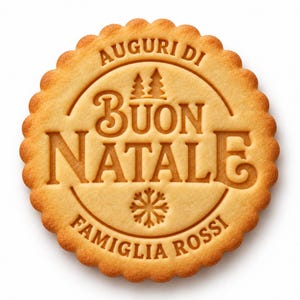 Op de afbeelding: Een rond, goudbruin koekje met een geschulpte rand en een reliëfontwerp met de tekst "AUGURI DI BUON NATALE" en "FAMIGLIA ROSSI", vergezeld van twee kleine dennenboomiconen en een centraal sneeuwvloksymbool op het oppervlak.