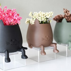 Op de afbeelding: Drie katvormige plantenbakken in zwart, bruin en groen, elk gevuld met bloemen. De plantenbakken hebben een schattig kattengezicht en staan op heldere acrylstandaards. Een charmant en speels woondecoratie-item.