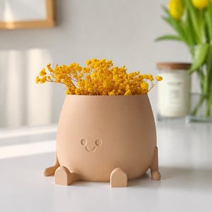 Può includere: Un vaso in ceramica color pesca opaco a forma di figura seduta, con un semplice volto inciso composto da due occhi circolari e una bocca curva, riempito con un mazzo di fiori secchi di colore giallo brillante.
