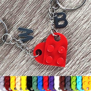 Personalized LEGO Heart Keyring Set, Matching Couple Keychains, Interlocking Heart Gift for Boyfriend Girlfriend, Custom Initial Keepsake