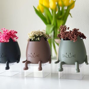 Op de afbeelding: Drie katvormige plantenbakjes in zwart, bruin en saliegroen, elk met een gladde matte afwerking, gegraveerde gezichtskenmerken en bungelende pootjes. De bakjes zijn gevuld met kleine droogbloemen in roze, witte en bruine tinten.