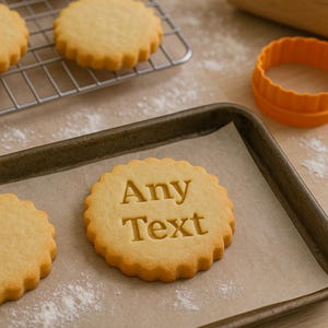 Op de afbeelding: Een rond koekje met een geschulpte rand en de in reliëf aangebrachte tekst "Any Text" in het midden. Het koekje ligt op een rechthoekige bakplaat met bakpapier, naast andere koekjes op een rooster om af te koelen.