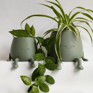 Op de afbeelding: Twee saliegroene plantenpotten met aangehechte poten en een lachend gezichtsontwerp. Eén pot bevat een graslelie, de andere een bladplant. De potten staan tegen een witte achtergrond, wat een strakke en moderne uitstraling creëert.