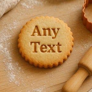 Pode incluir: Um biscoito redondo, dourado, com borda ondulada, estampado com as palavras "Any Text". O biscoito está sobre uma superfície de madeira polvilhada com farinha, junto com um rolo e um cortador de biscoitos. Tema de panificação.