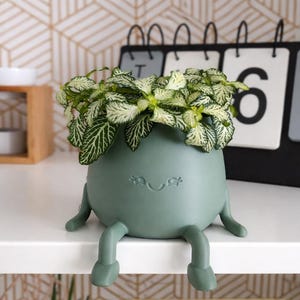 Op de afbeelding: Een matte saliegroene ronde plantenpot met vier bungelende benen en een eenvoudig gegraveerd lachend gezicht. De pot bevat een Fittonia-plant met groen-witte bladeren. Het ontwerp heeft een glad oppervlak en een afgeronde basisvorm.