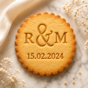 Puede incluir: Una galleta redonda de color marrón dorado con bordes festoneados que presenta las letras R & M grabadas en el centro. Debajo de las letras, la fecha 15.02.2024 está claramente impresa en la superficie del dulce, con un aspecto texturizado.