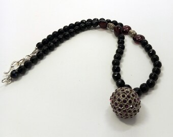 Black agate beads with pendant and glass inserts